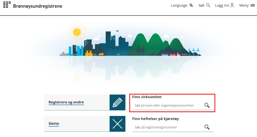 Skjermbilde av forsiden på brreg.no, med feltet "Finn virksomhet" markert