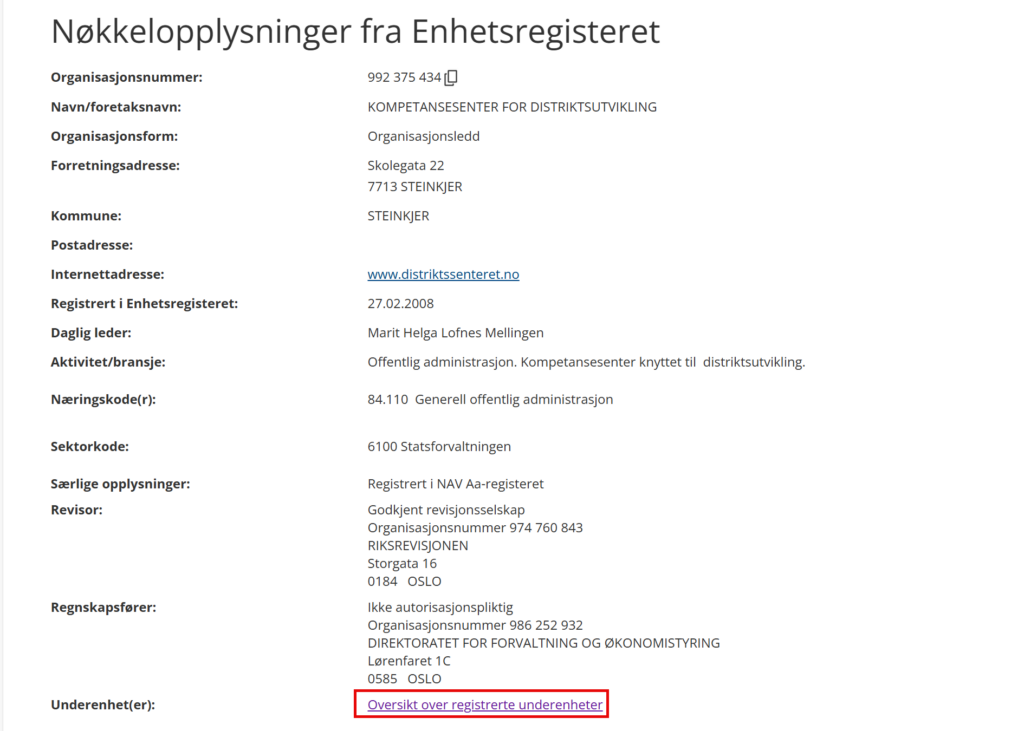 Skjermbilde fra brreg.no som viser opplysninger om en virksomhet, med lenke til "Oversikt over registrerte underenheter" markert med en rød ramme.