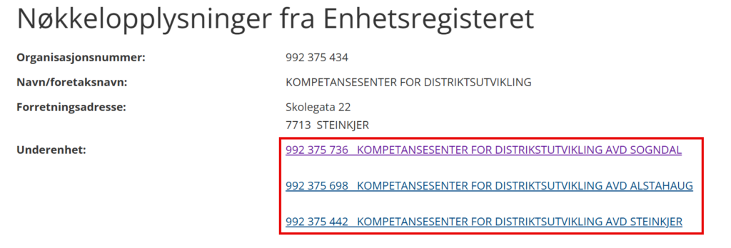 Skjermbilde med nøkkelopplysninger som viser underenhetene knyttet til en virksomhet.